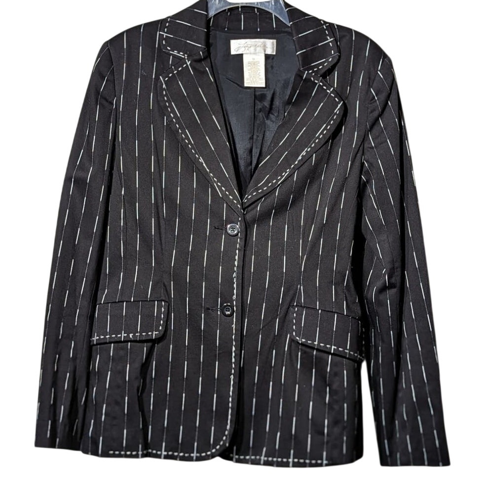 Lucy Perida Boutique Brand Black Stripe Lined Cotton Stretch Blazer Womens Sz 10